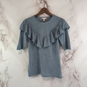 Rebecca Taylor Shirt Womens XS Gray Blue Merino Wool Blend Ruffle Crop Crew